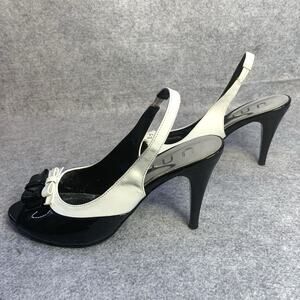 Unisa Womens Black And White Peep Toe Heels With Bows, 4” Heel, Size 7.5